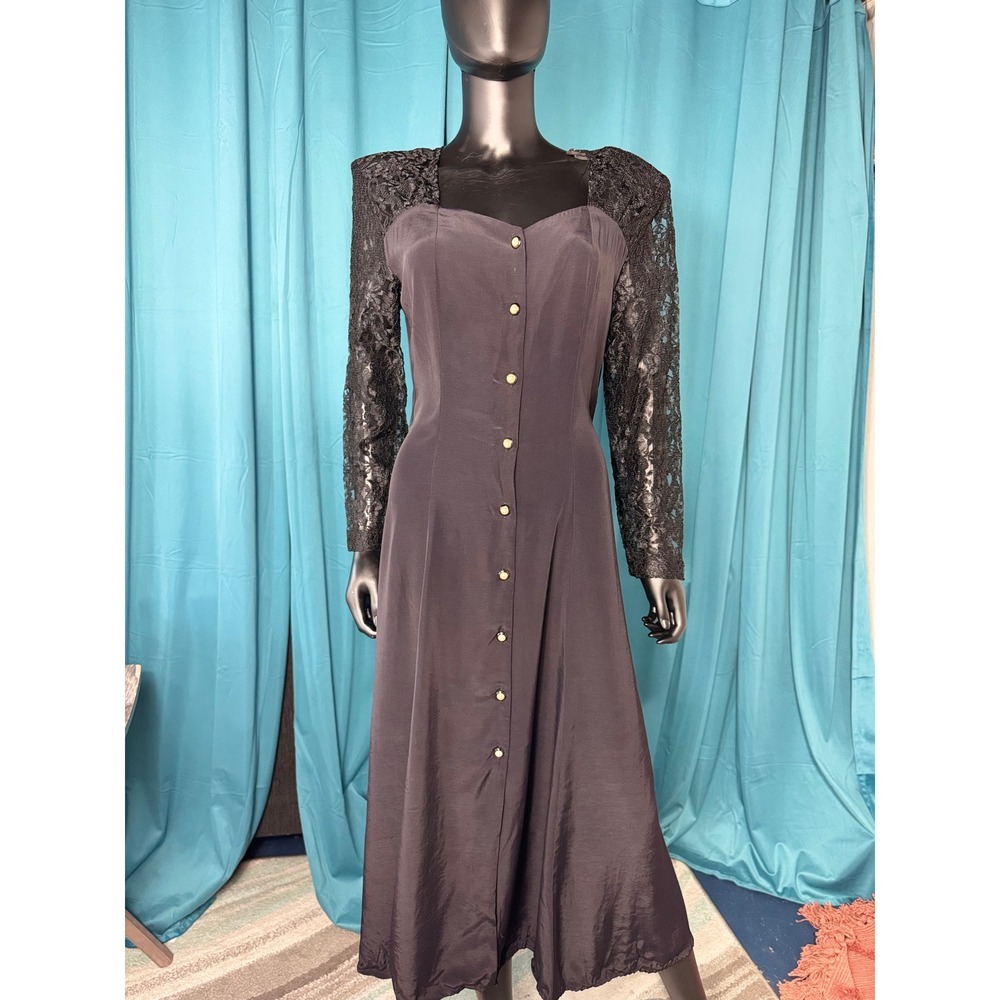 Vintage Jody California Black Lace Sleeve Maxi Dress Pearl Button Corset Back 13
